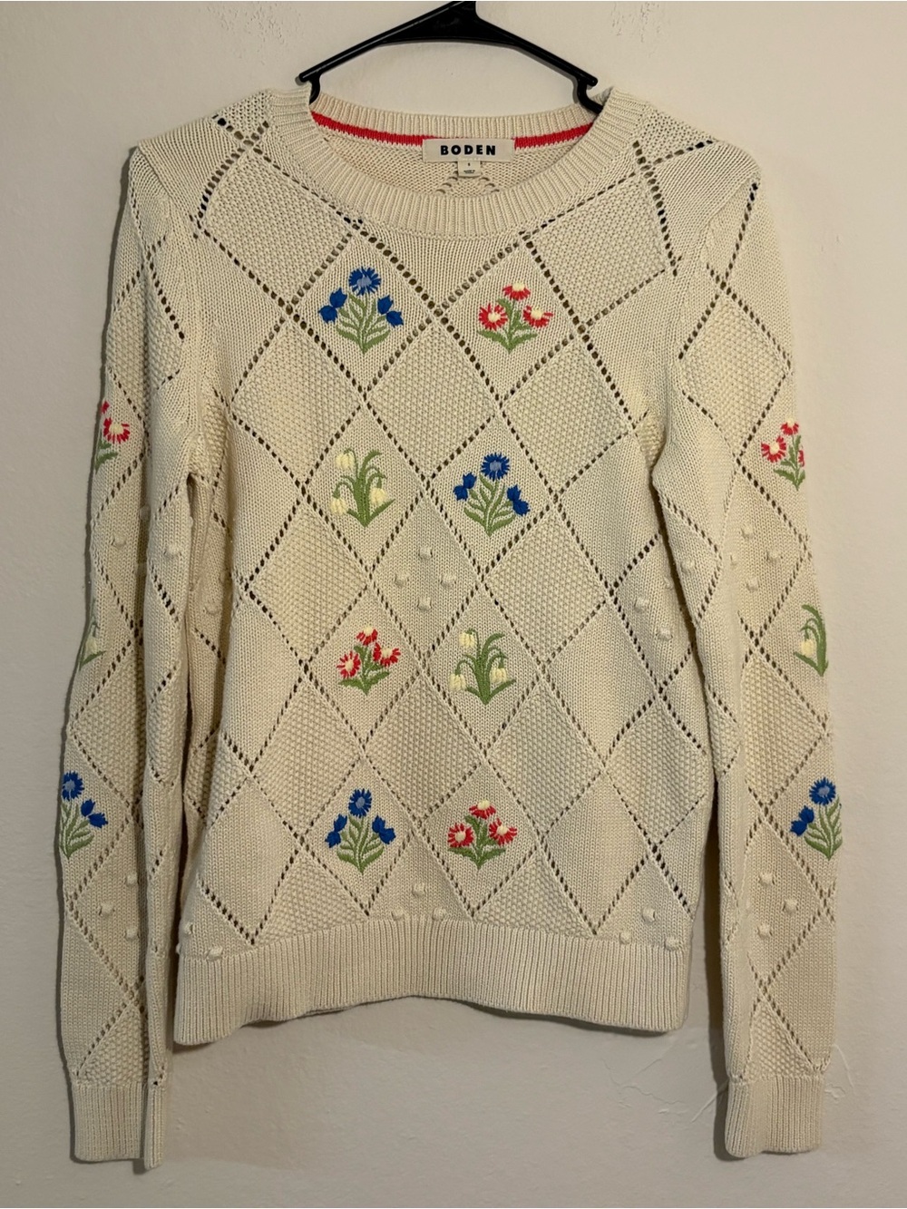 Boden Floral Embroidered Cotton Cream Pointelle Diamond Sweater Size S